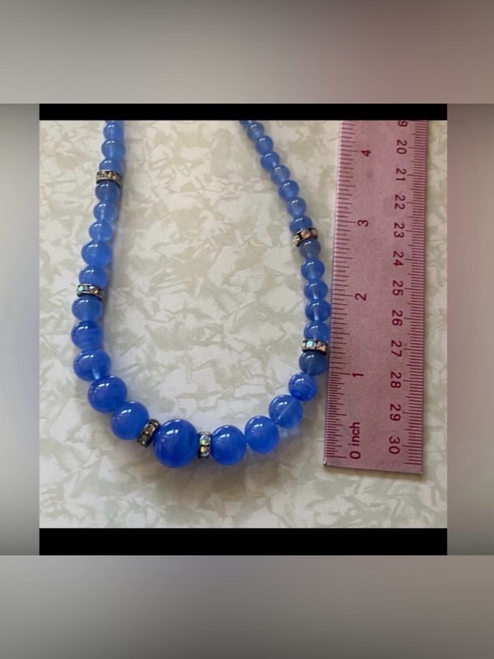 Blue Art Glass Rhinestone Bead Necklace #6072